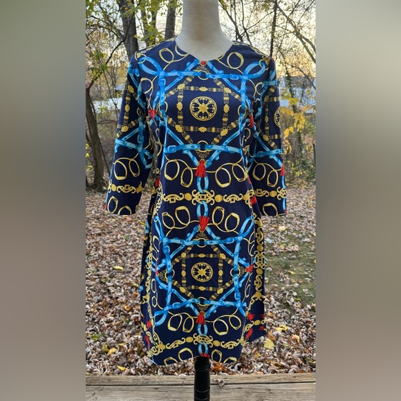J McLaughlin Tunic Dress Blue Chain Link V Neck Preppy Equestrian Size Medium - Picture 1 of 11